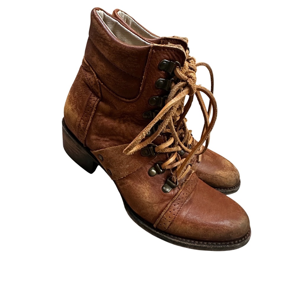 Freebird by Steven Gage Moto Leather Lace Up Boot Brown Distressed Ankle Women 8